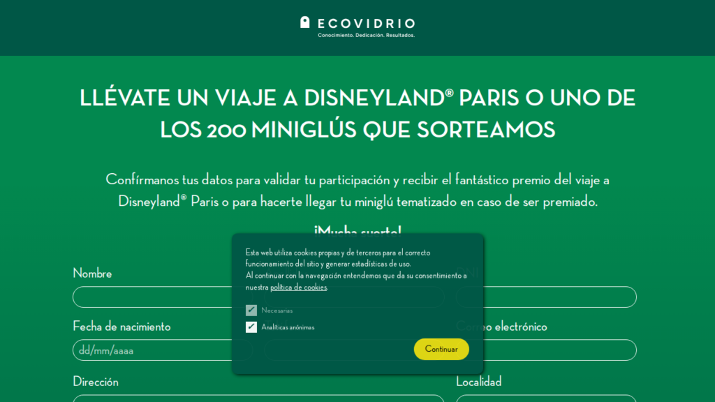 Ecovidrio y Disneyland Paris: Sorteo Viaje y 200 Miniglús – captura participación